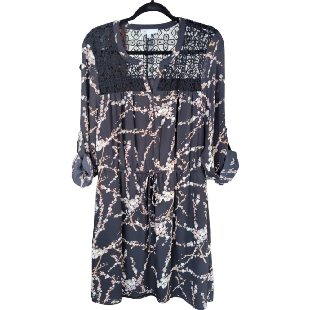 DR2 Daniel Rainn Black Floral Lace Yoke Drawstring Tunic Dress Boho Pockets L